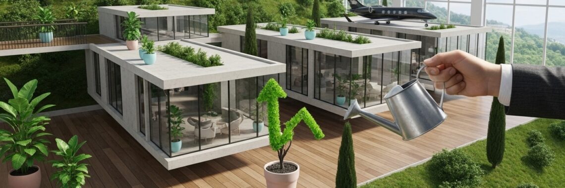 3D minimalistic building exploring the exterior view rotating 180 degrees. The house should be mixed together with the camera views of different angles, camera moving from inside of the house to outside. There are plants and trees are surrounding the house and there is a pool and a parking place with 5 SUV cars black, white and blue cars. The camera is from the 45 degrees angle. The camera is moving from the distance of the house to the closeup.